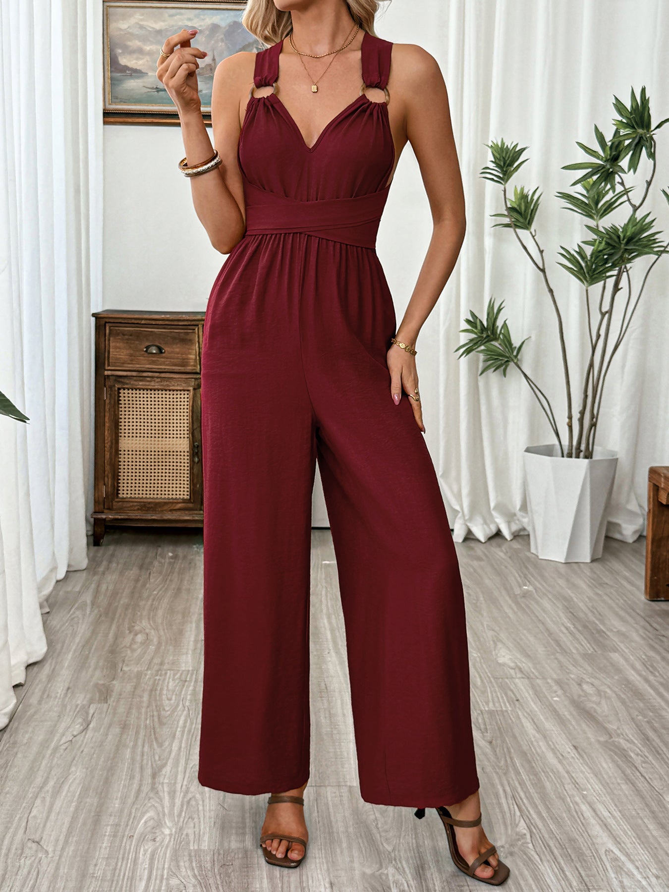 V Neck Sleeveless Wide Leg Jumpsuit