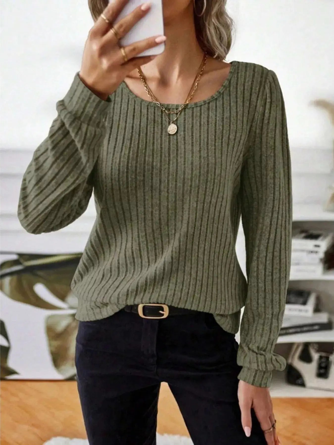 Ribbed Knit Long Sleeve T Shirt