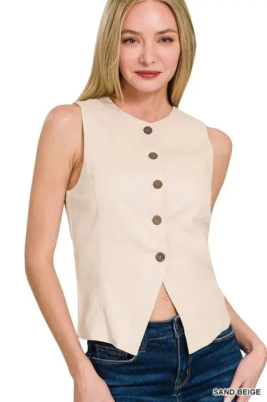 Zenana Beige Linen Button Down Vest