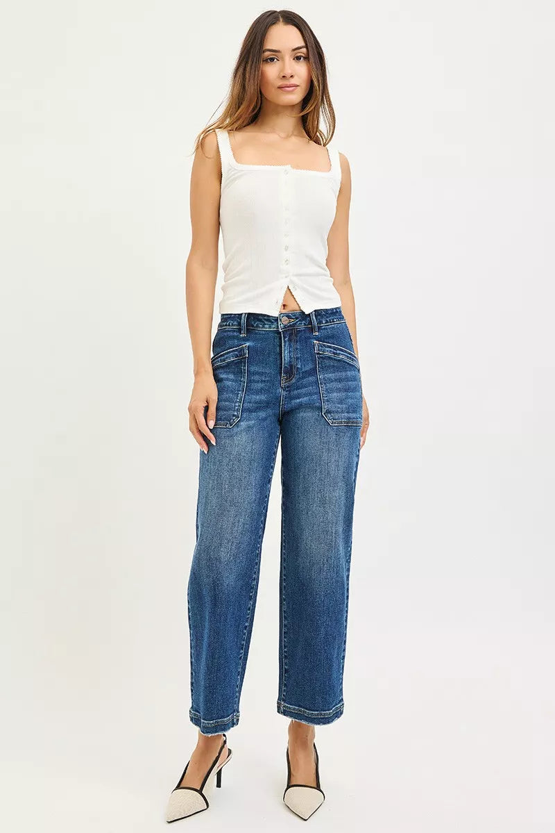 RISEN Jeans - Slouchy Cropped Baggy Jeans with Front Patch Pocket