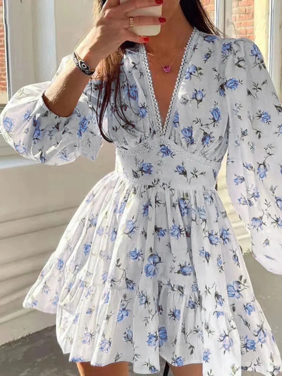 Lace Detail V Neck Balloon Sleeve Dress