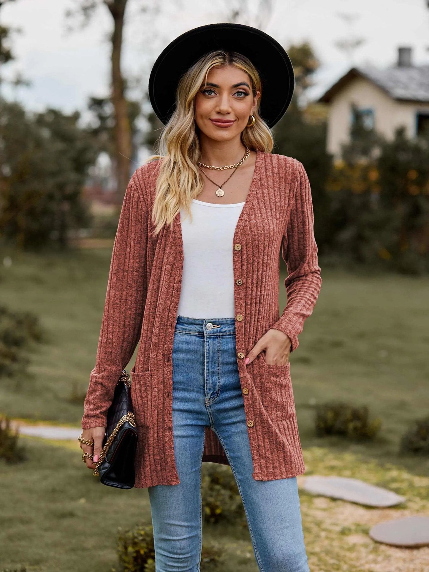 Sweaters Trendsi Heathered ribbed cardigan with pockets