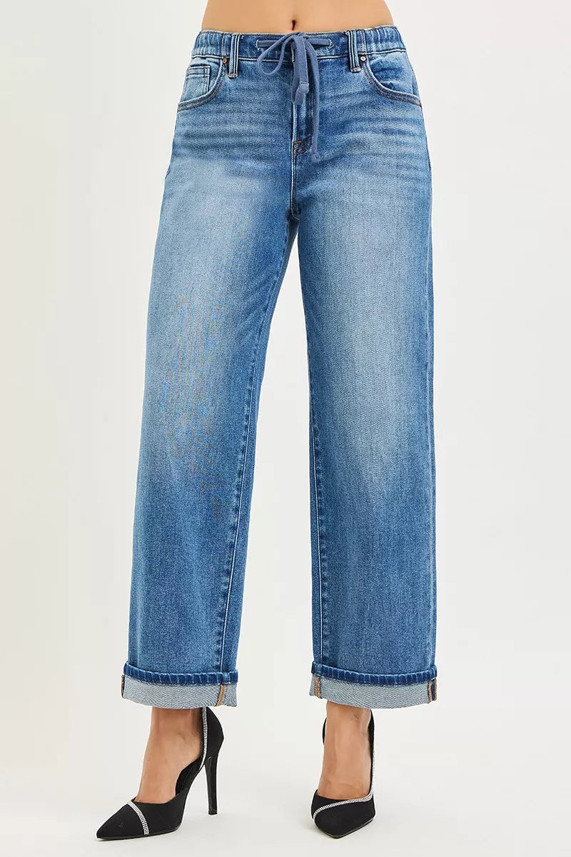 RISEN Jeans - Elastic Waist Slouchy Boyfriend Ankle Jeans with Cuffed Hem