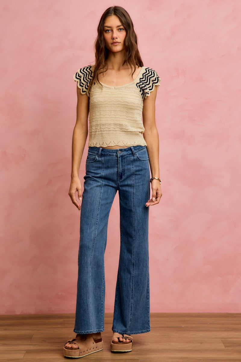 Wavy Textured Knit Top With Fluttered Sleeves