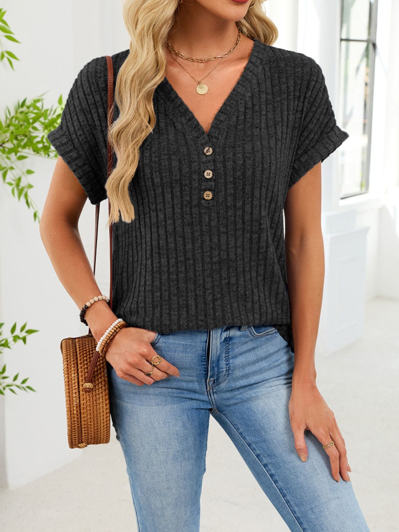V Neck Ribbed Knit T Shirt