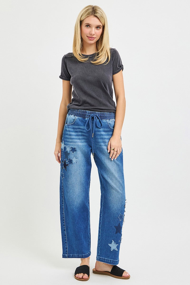 RISEN Elastic Band Slouchy Cropped Barrel Jeans with Star Patch
