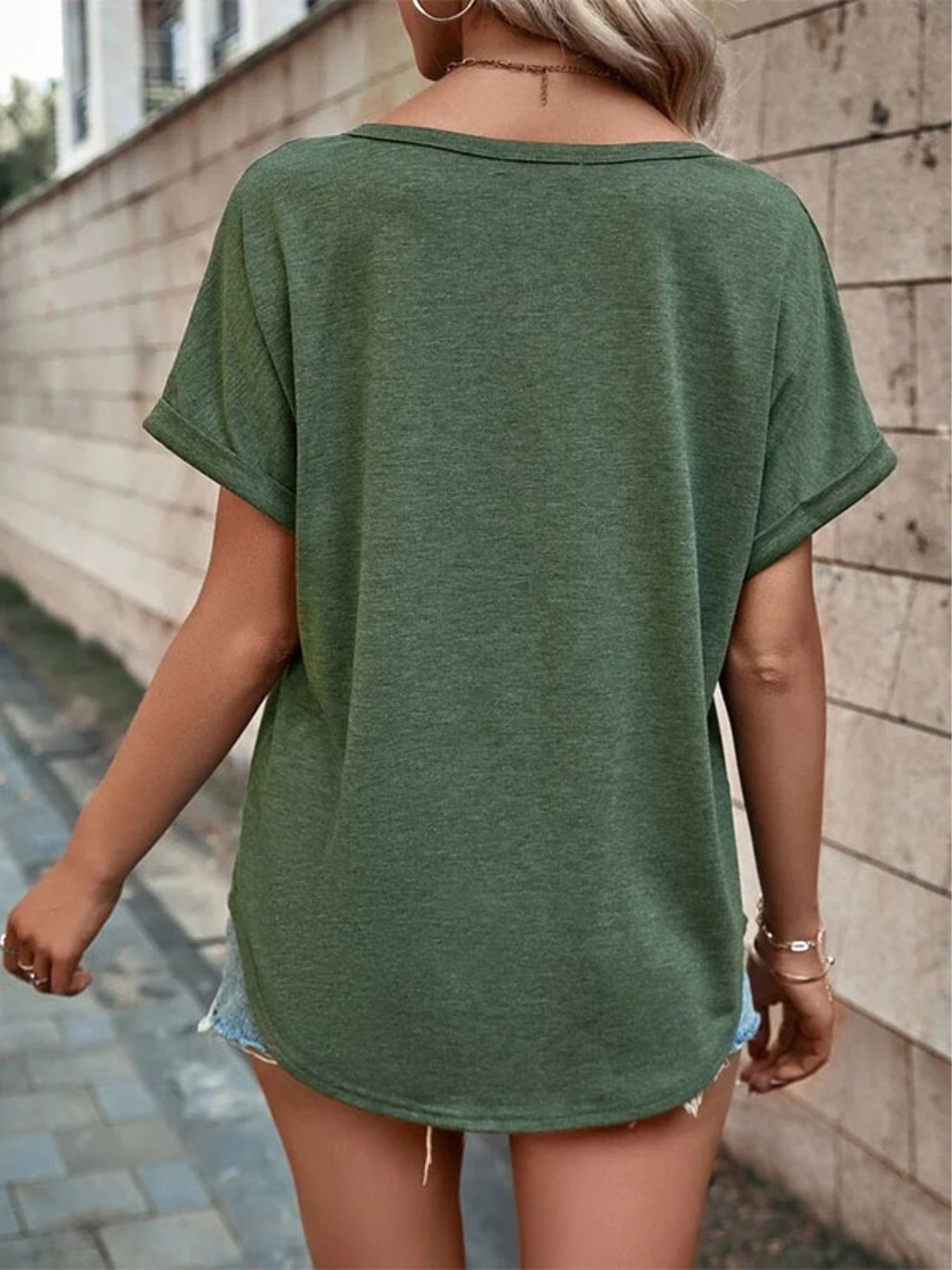 Full Size Decor Button Short Sleeve T Shirt