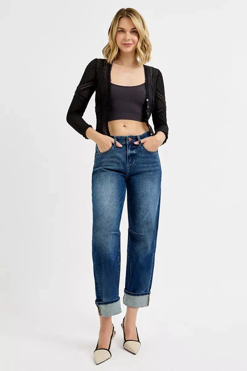 RISEN Jeans - Slouchy Crop Barrel Cuffed Jeans in Dark Wash