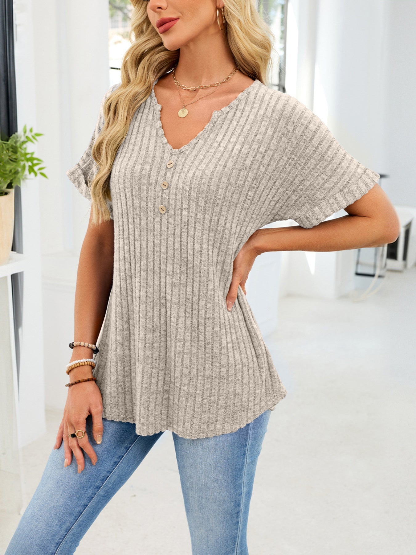 Women's Ribbed Knit Button V Neck Short Sleeve T Shirt
