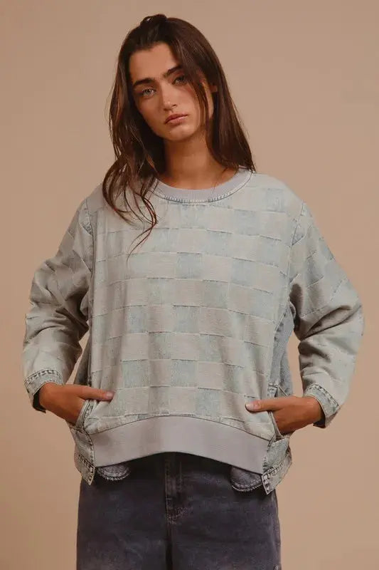 Women's Denim Top Denim Top - Mineral Washed Checkered - Casual Round Neck
