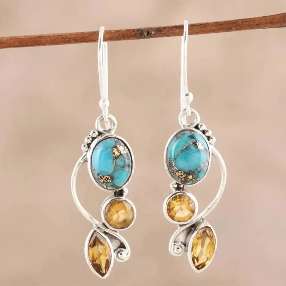 Turquoise & Amber-Inspired Geometric Alloy Dangle Earrings