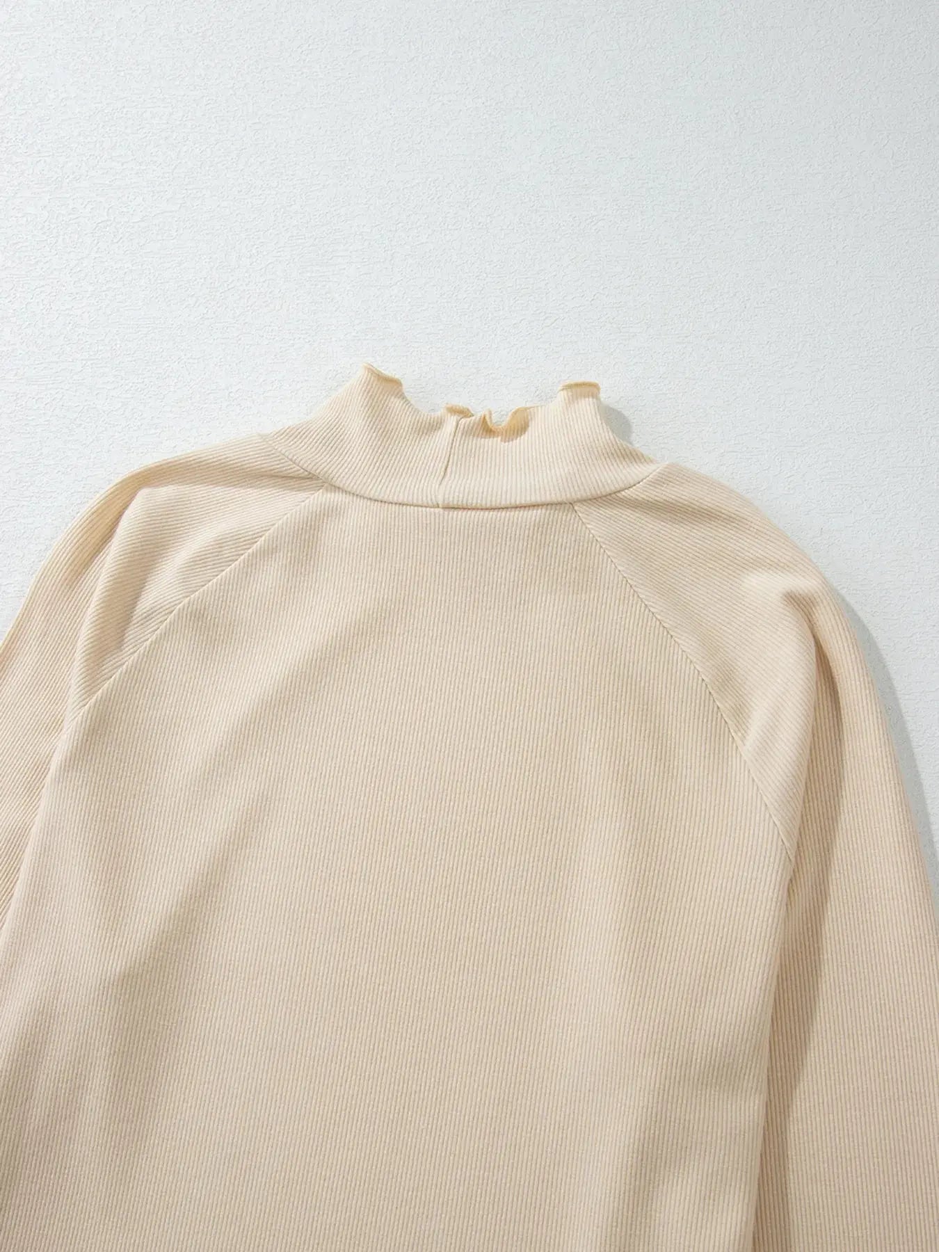 Ribbed Knit Lettuce Trim Long Sleeve Mock Neck Top