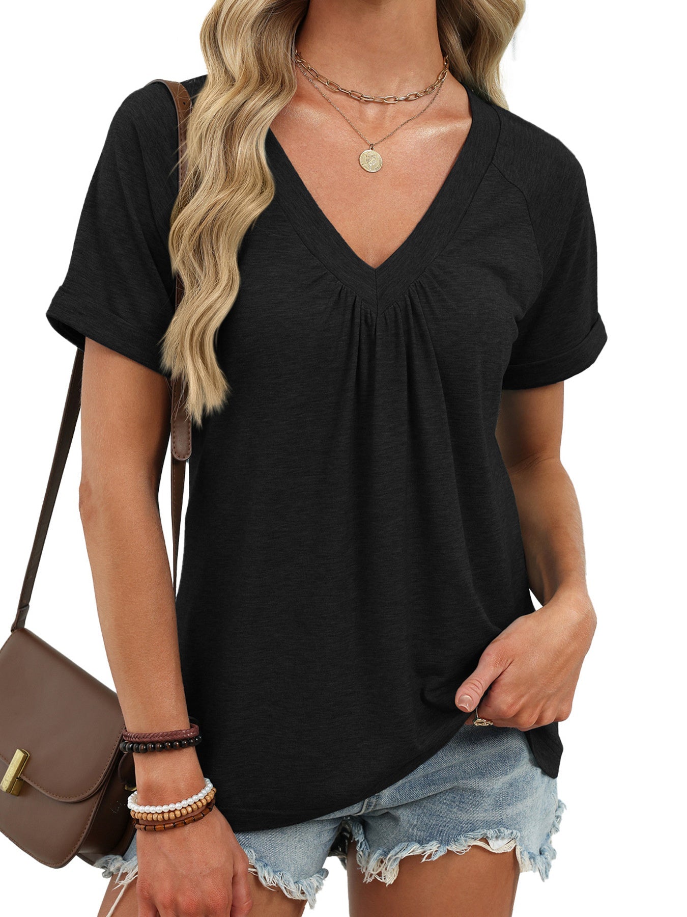 Women's Casual Ruched V Neck Short Sleeve T Shirt