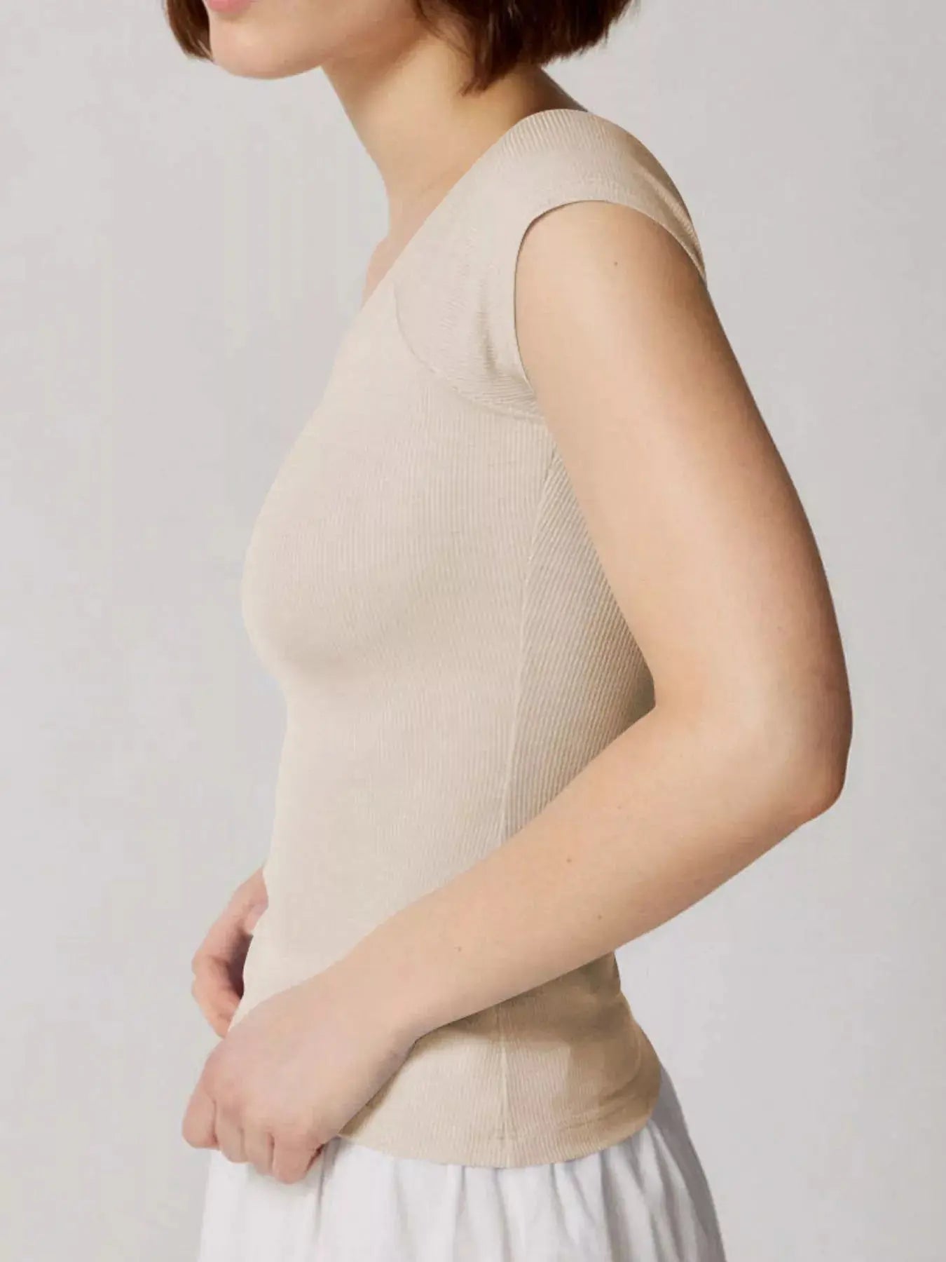 Ribbed Cap Sleeve V Neck Fitted T Shirt