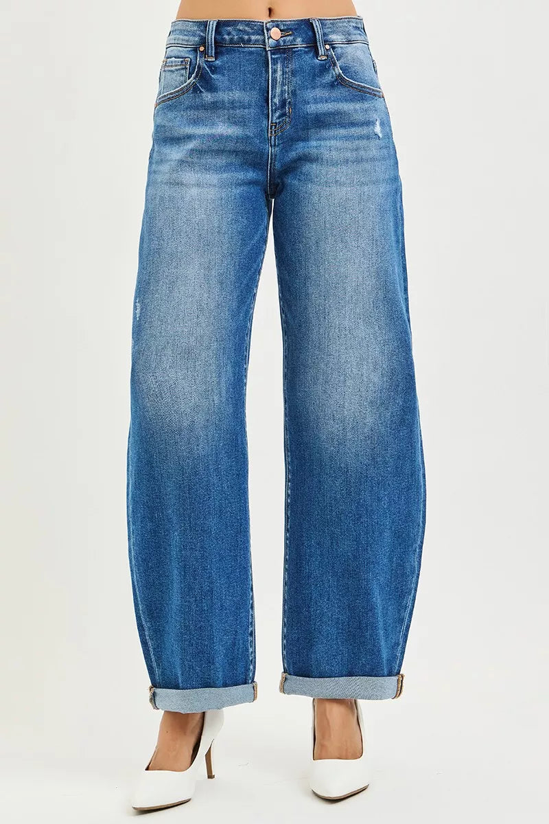 RISEN Jeans - Full Size Mid Rise Barrel Double Roll Up Jeans
