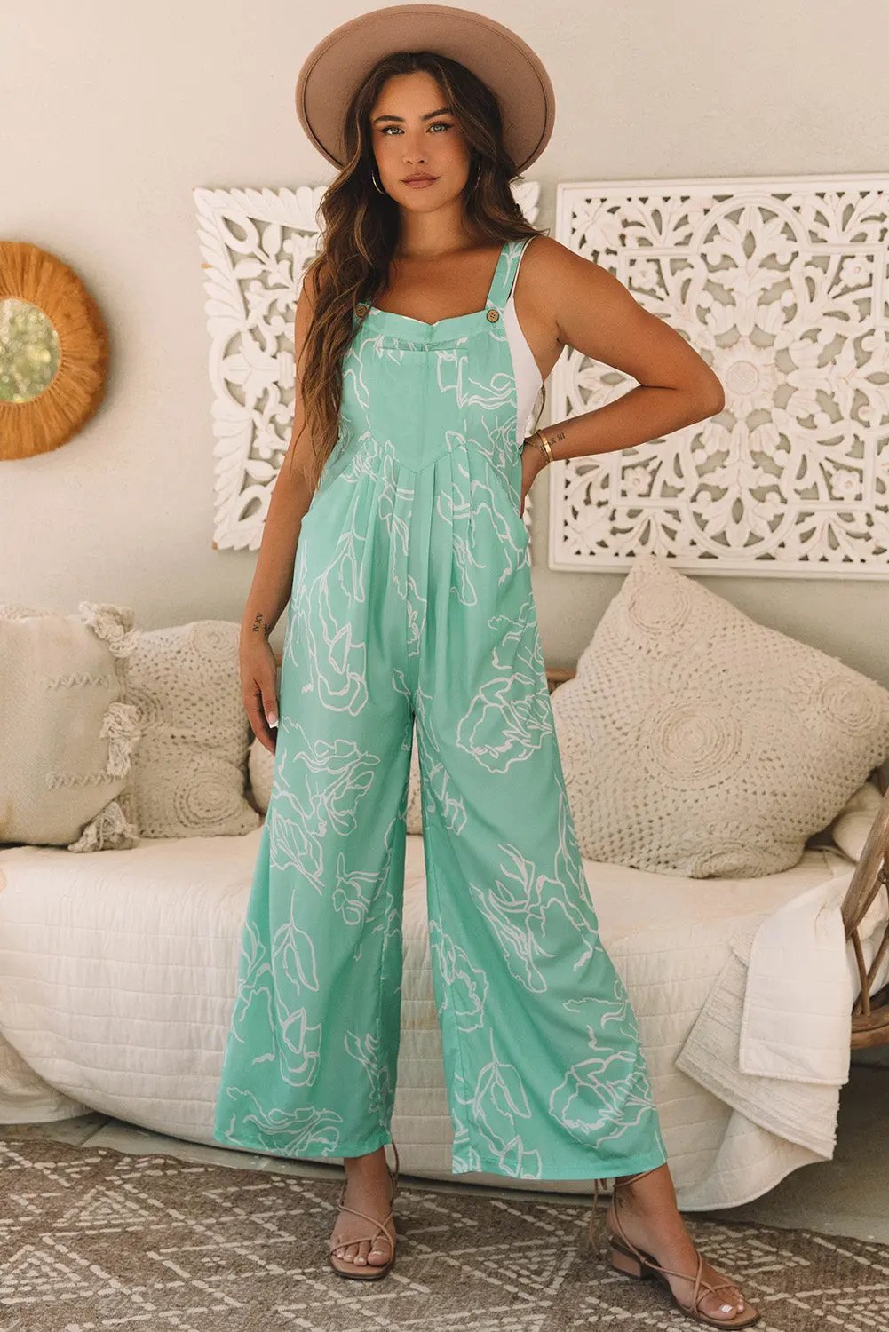 Women's Jumpsuits & Rompers Overalls Jumpsuit - Green Printed Wide Leg - Casual Style