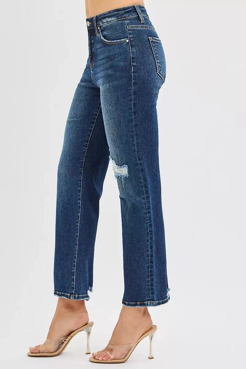 High Rise Crop Slim Straight RISEN Jeans with Hidden Knee Patch