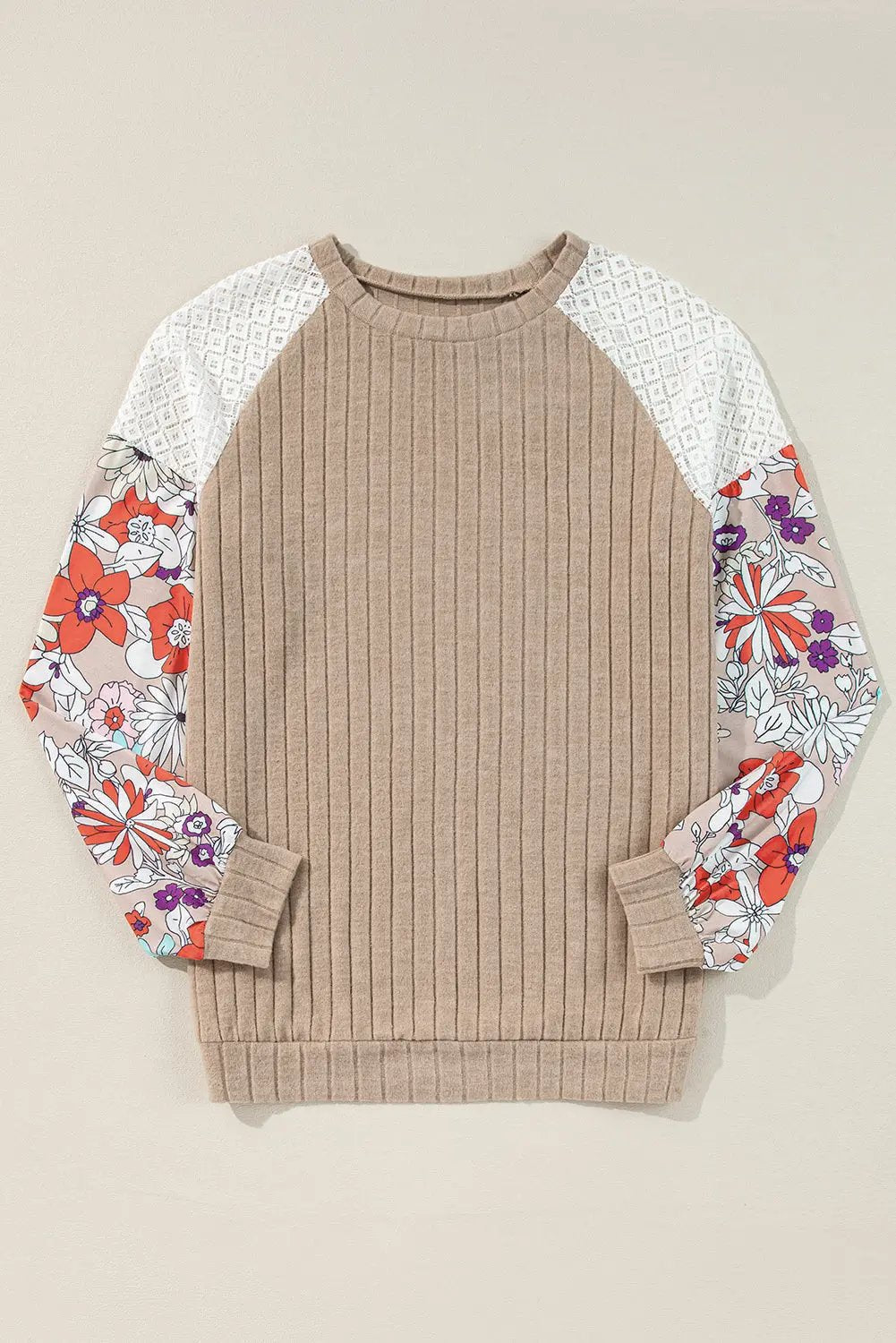 Women's Blouse Blouse - Patchwork Ribbed Long Sleeve Floral Top