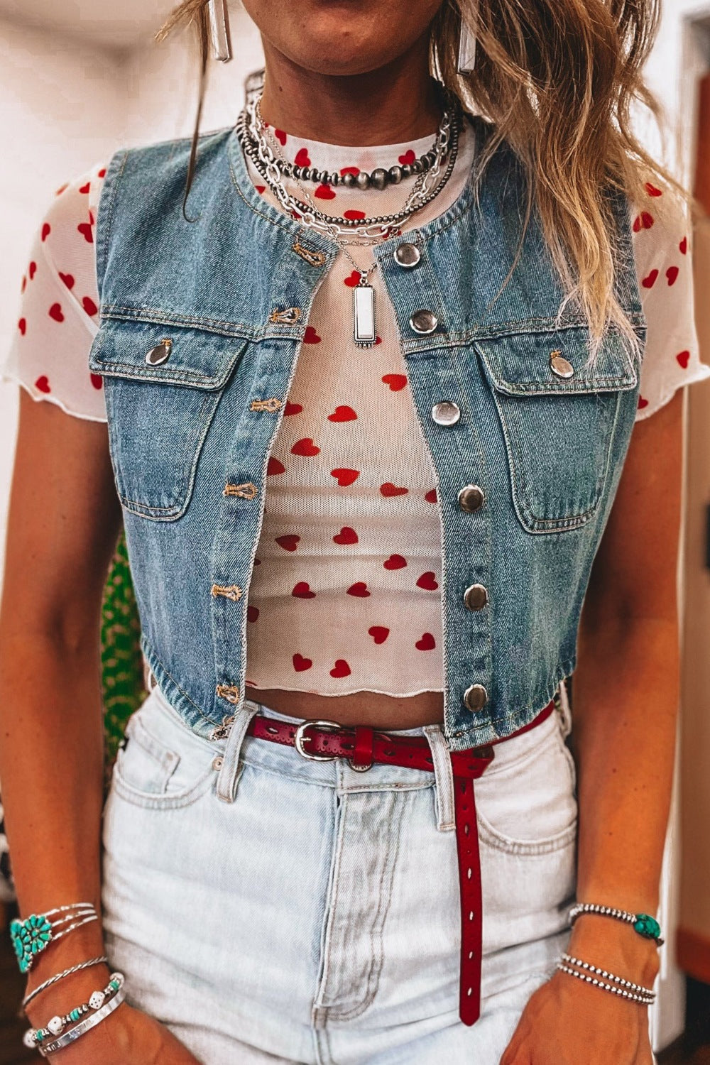 Women's Sheer Heart Print Fitted Mesh Blouse