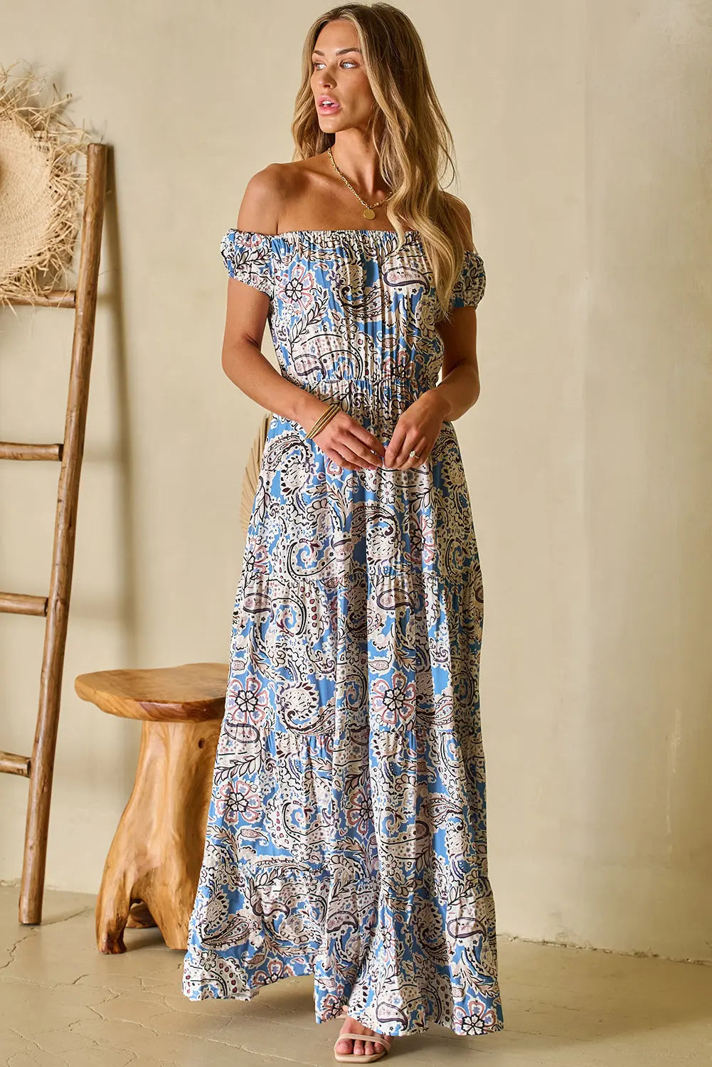 Blue Paisley Print Boho Off Shoulder Maxi Dress