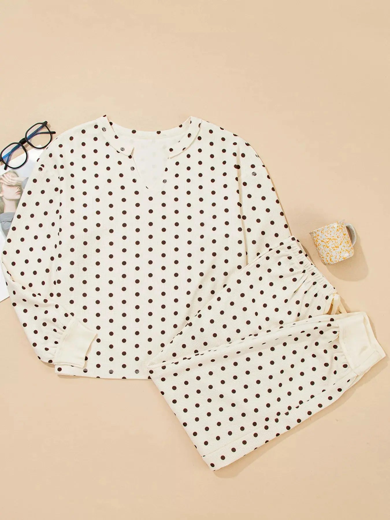 Polka Dot Notched Long Sleeve Top and Drawstring Loungewear Set