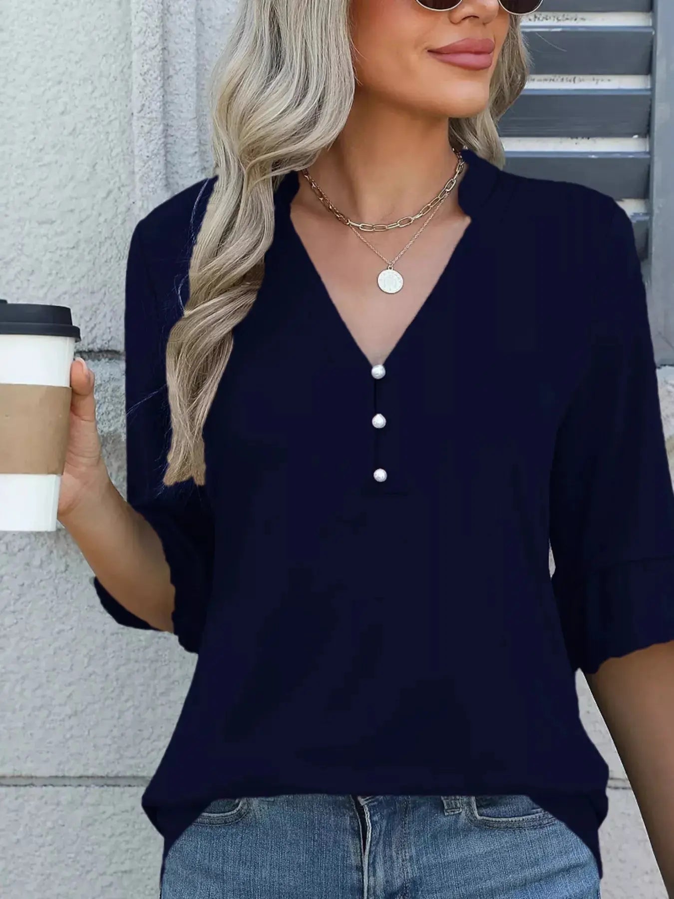 Full Size Notched Flounce Sleeve Blouse