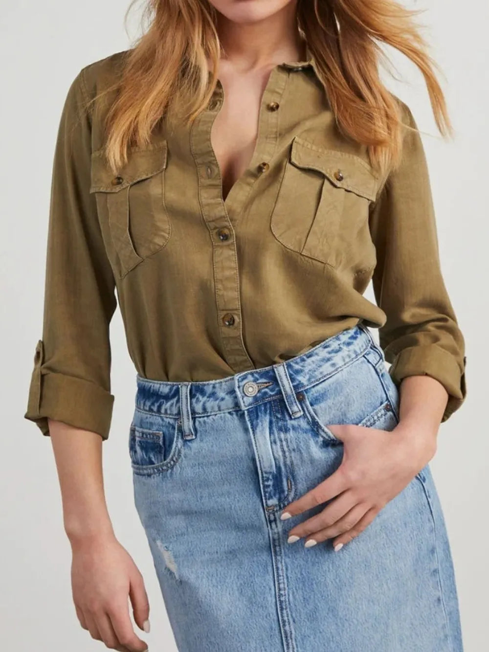 Collared Neck Roll-Tab Sleeve Womens Denim Shirt