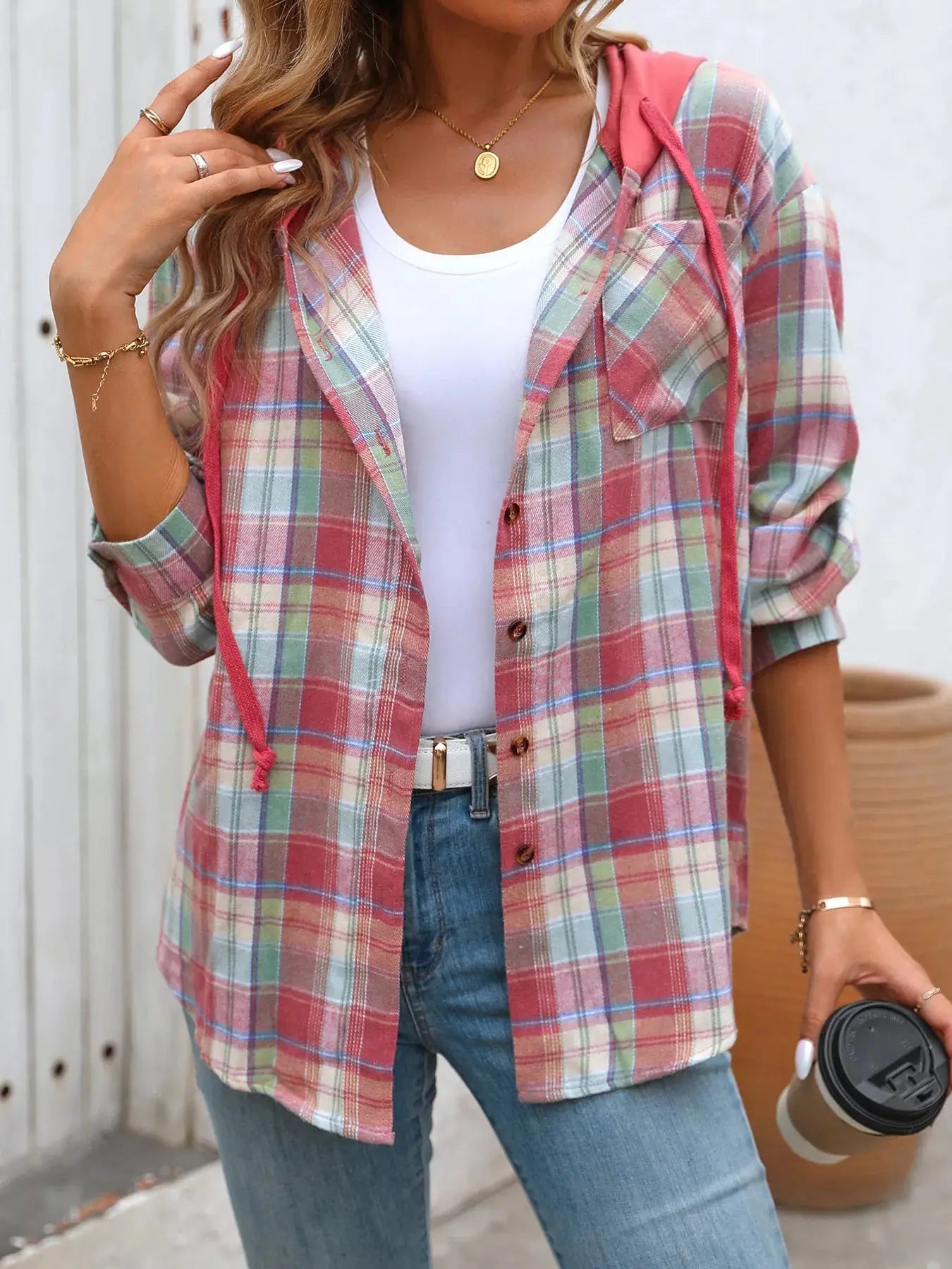 Plaid Button-Up Oversized Hooded Shirt with Chest Pocket