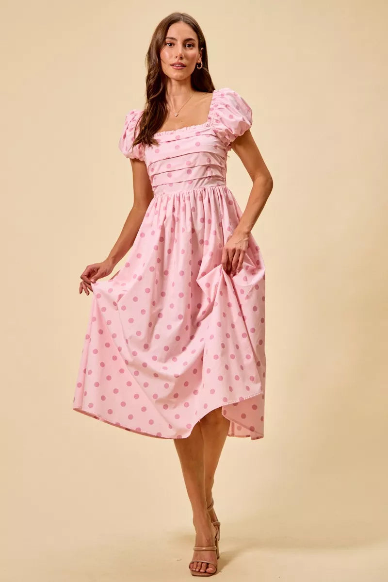 Polka Cotton Print Short Sleeves Pink Midi Dress