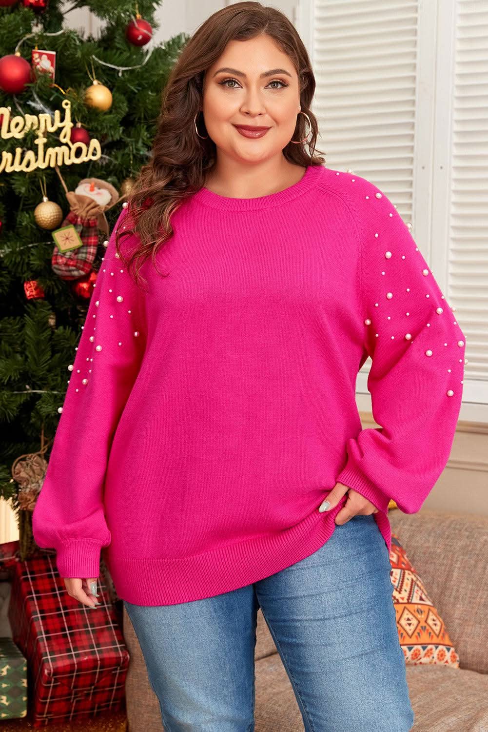 Sweaters Love Salve Strawberry Pink Plus Size Women's Sweater: Casual, Pearled Decor