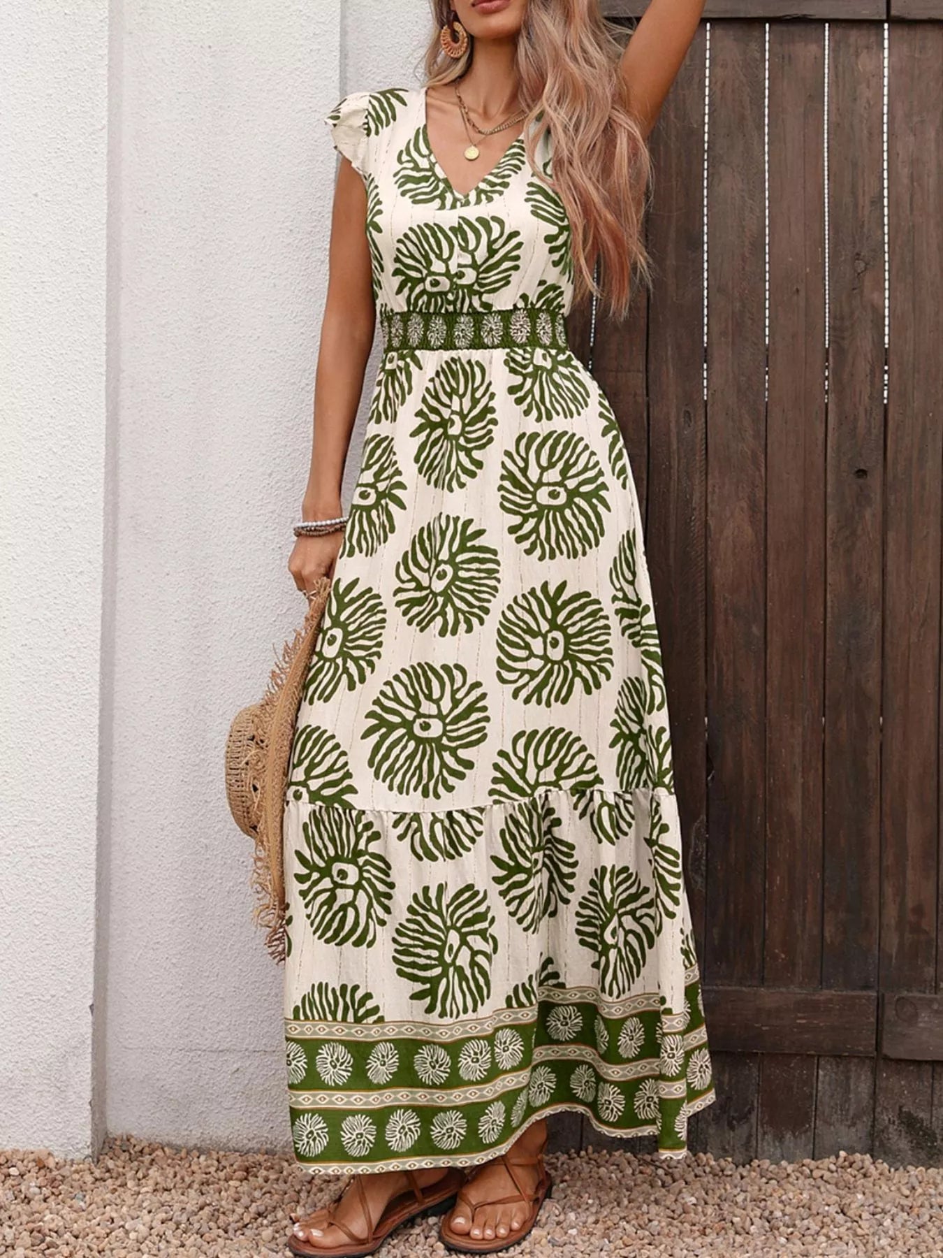 Printed V Neck Cap Sleeve Maxi Dress