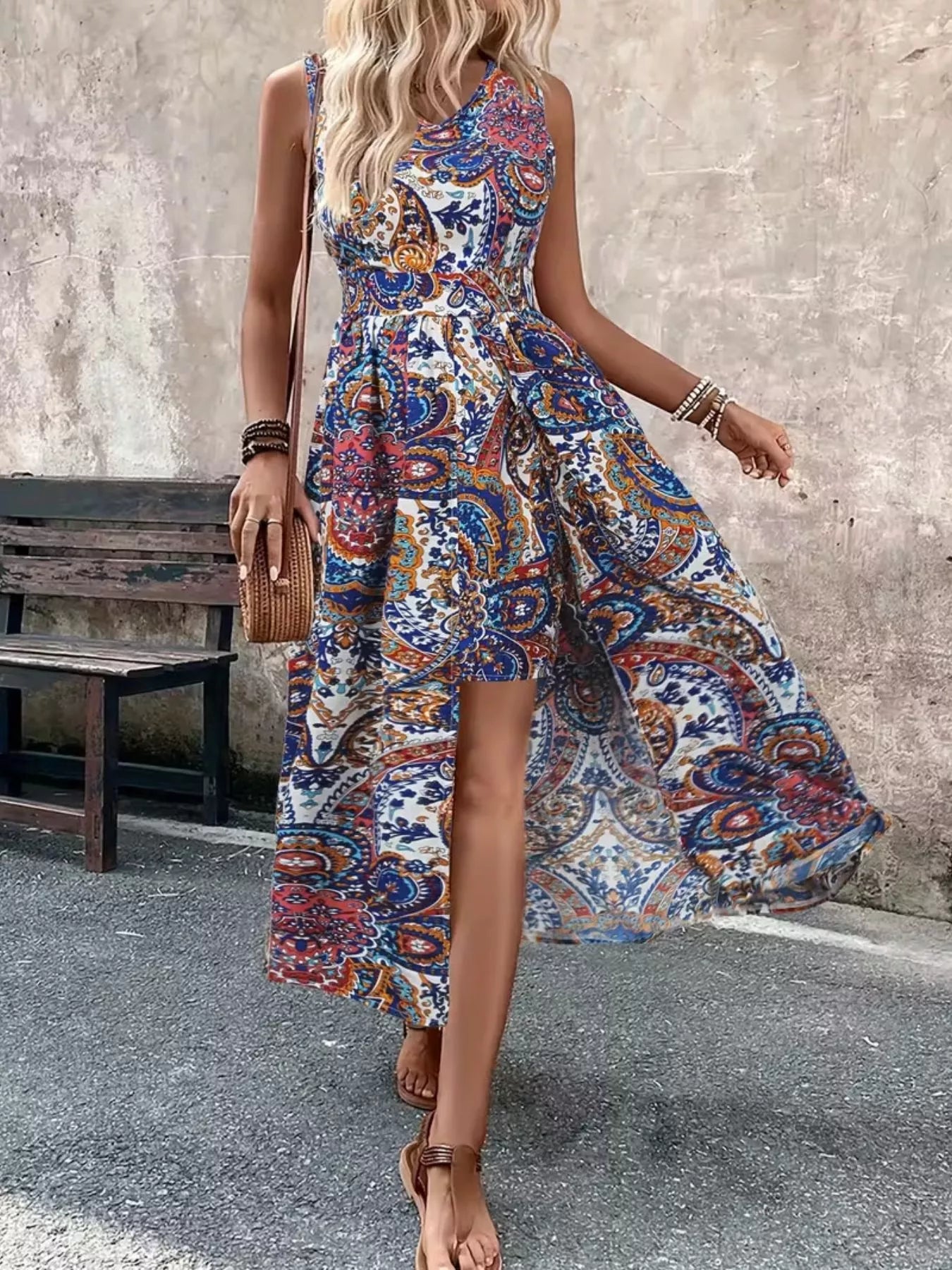 Paisley Print Sleeveless Romper with Long Top