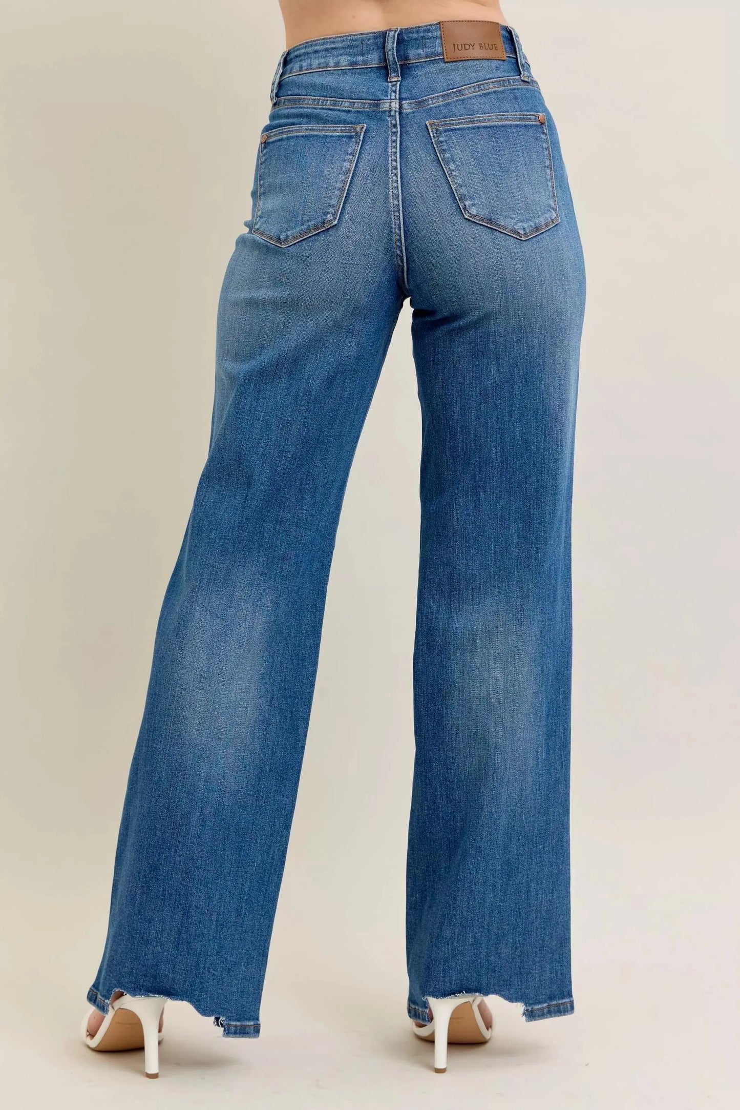 Judy Blue Full Size High Waist Tummy Control Destroy Wide Leg Jeans with Chew Hem