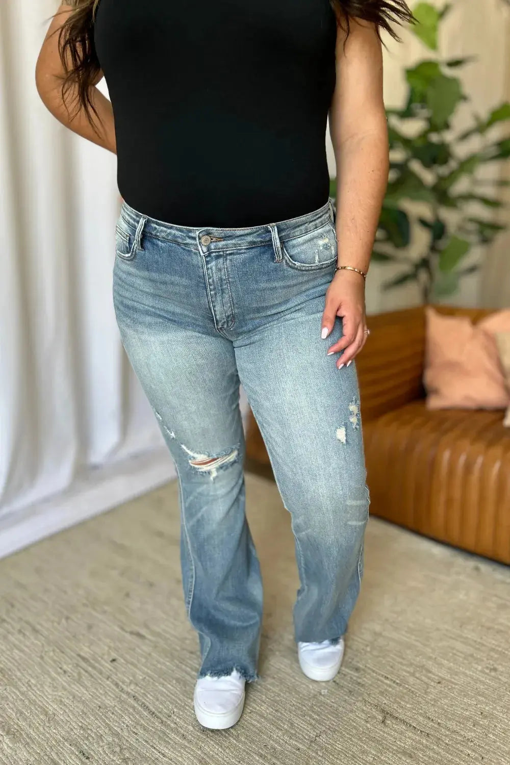 Plus Size Medium Rise Tummy Control Destroy Flare Judy Blue Jeans
