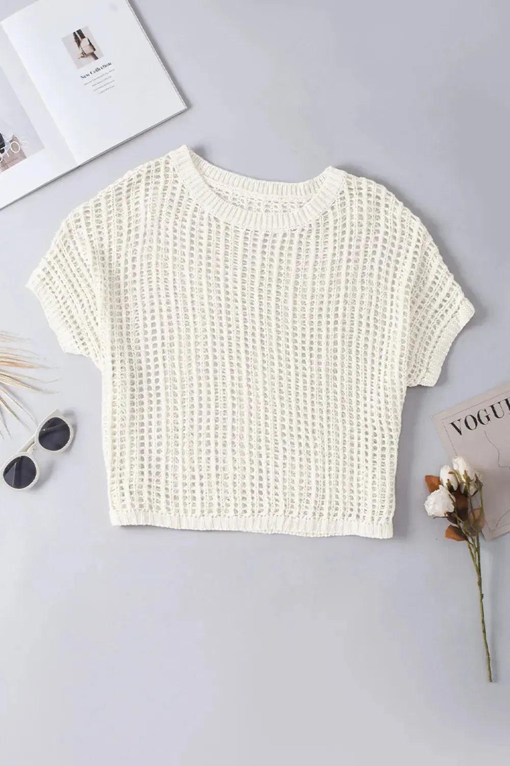 Openwork Round Neck Half Sleeve Knit Cover Up Top