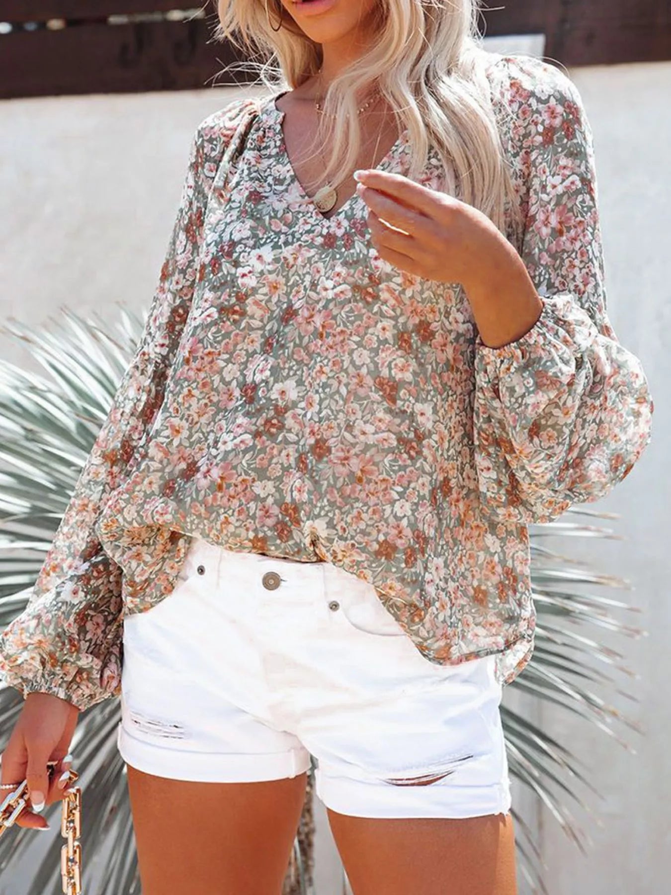 Full Size Floral Print V Neck Long Sleeve Blouse