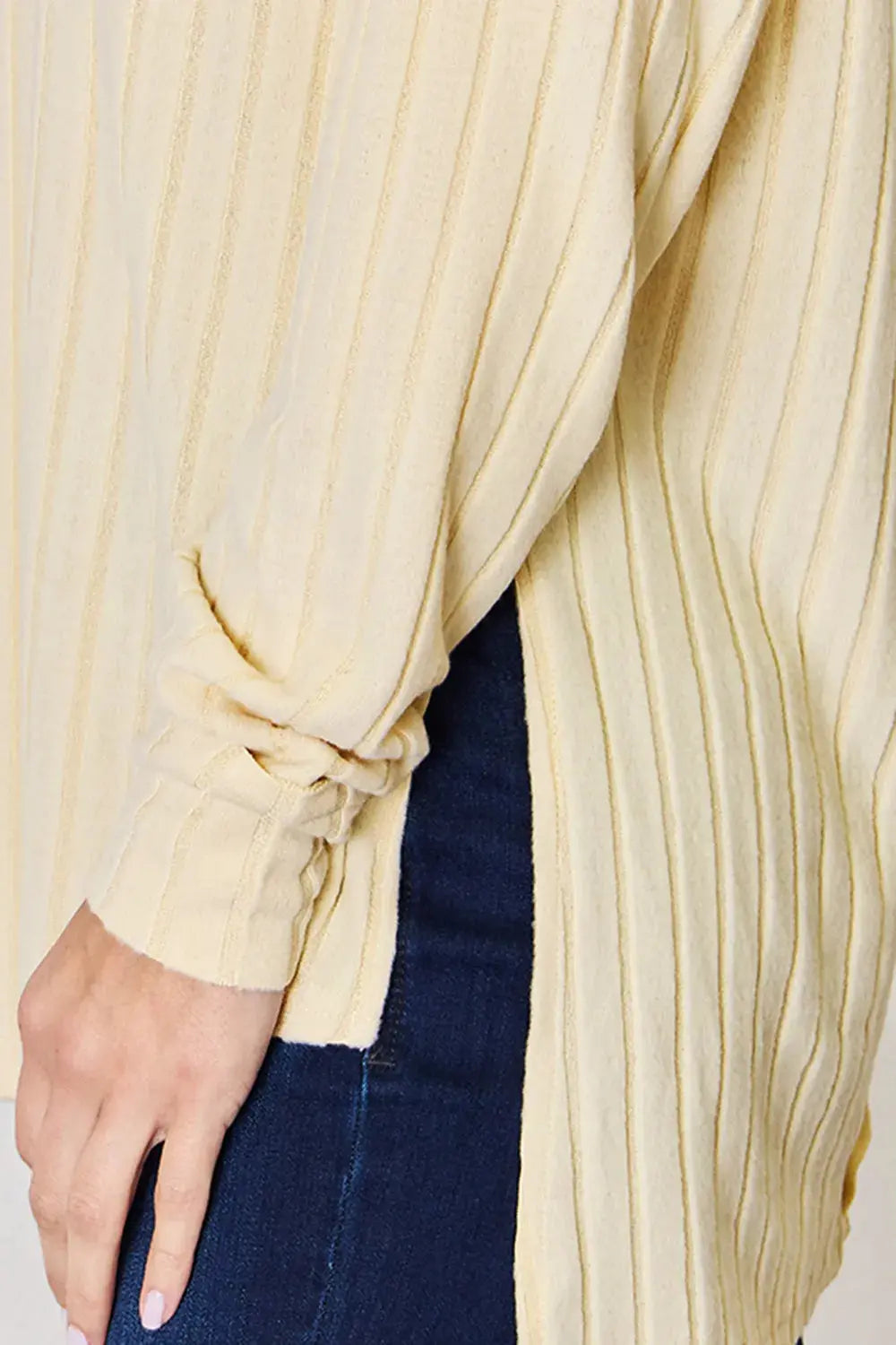Basic Bae Ribbed Round Neck Slit Womens Long Sleeve T Shirt – Full & Plus Size