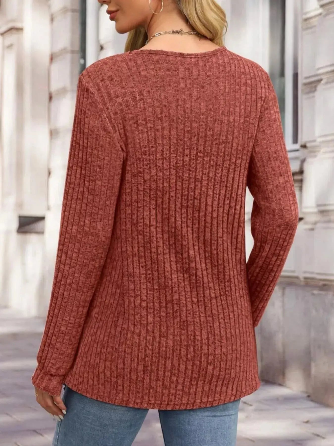 Ribbed Knit Button Front Long Sleeve T Shirt