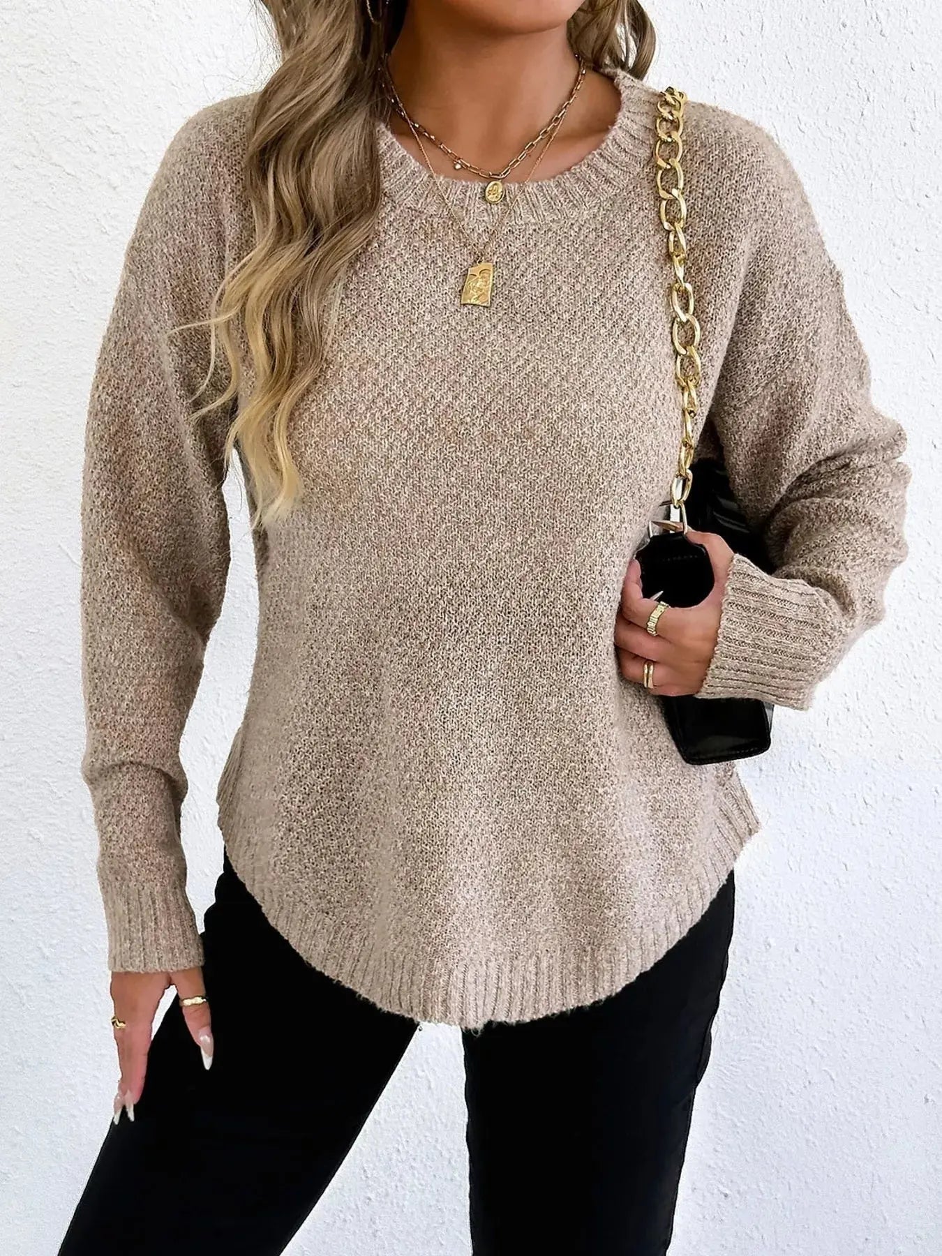 Round Neck Textured Knit Relaxed Fit Sweater