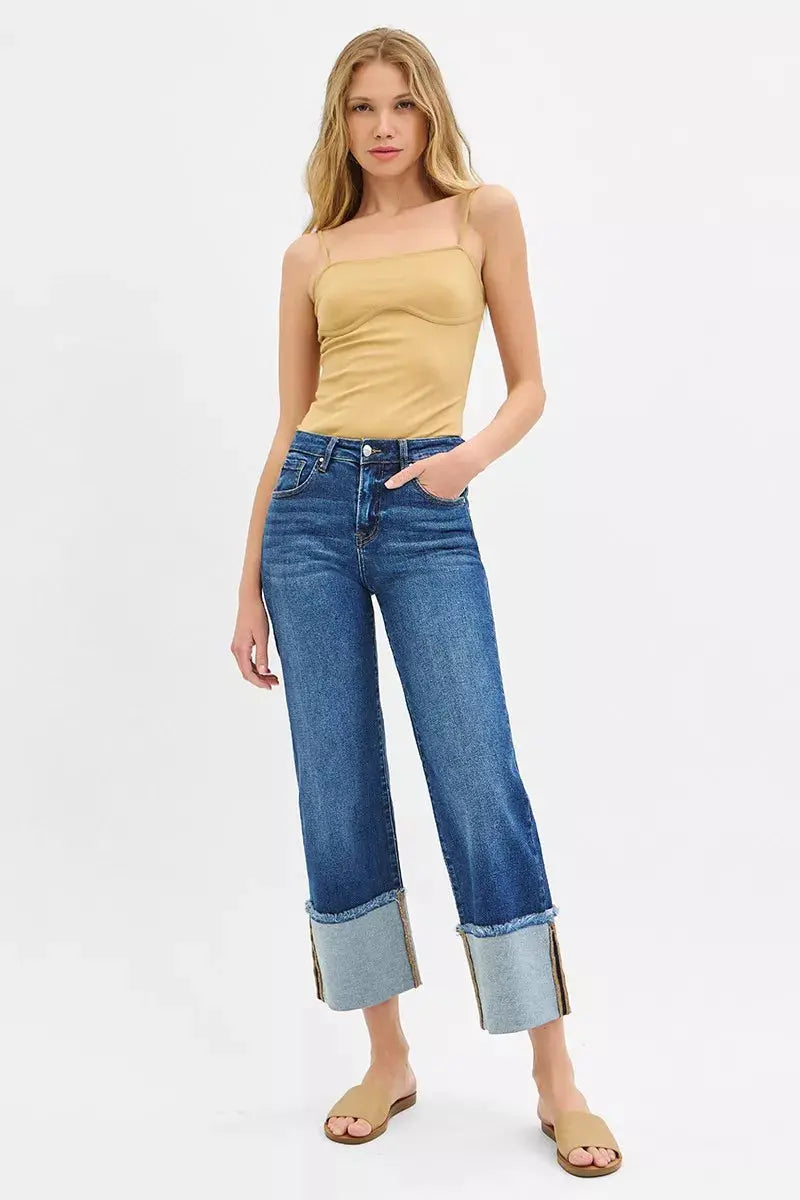 RISEN Jeans - Full Size Mid Rise Crop Wide Wide Cuffed Jeans