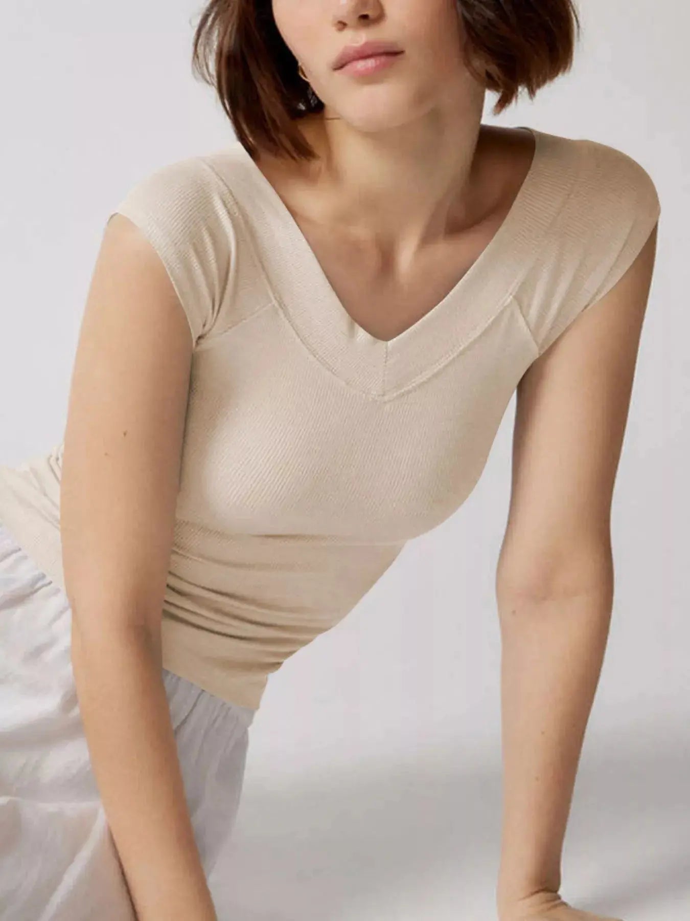 Ribbed Cap Sleeve V Neck Fitted T Shirt
