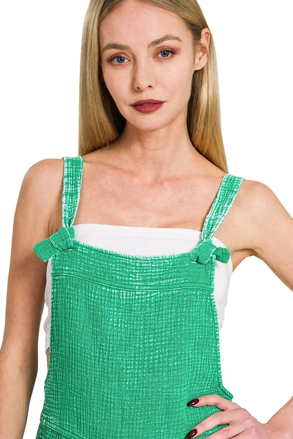 Zenana Woven Green Acid Washed Cotton Gauze Romper with Pockets