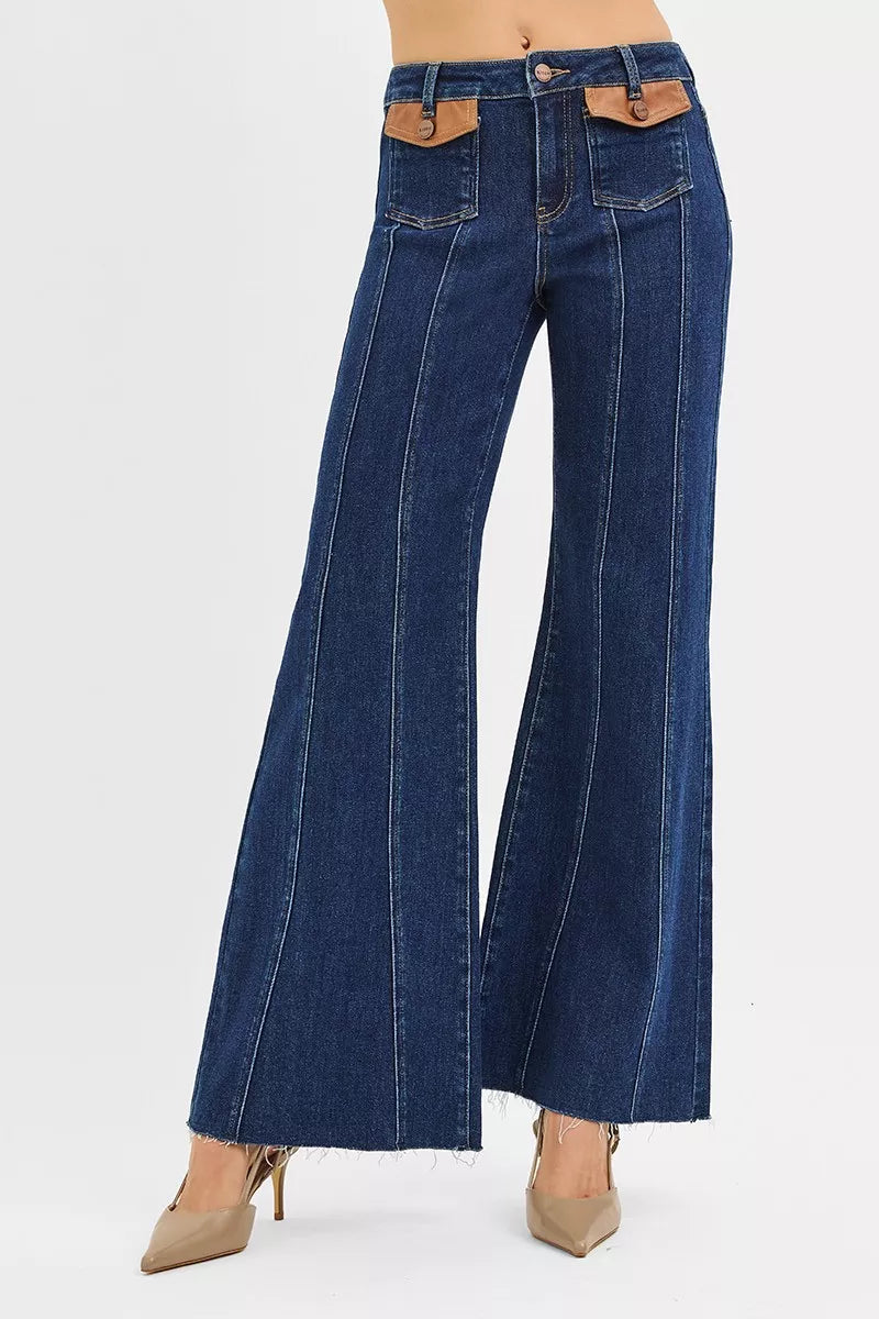 RISEN Jeans - High Rise Wide Flare Jeans with Front Leather Pocket Detail