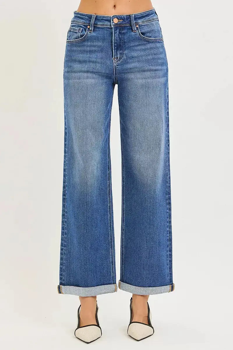 RISEN Jeans - Plus Size High Rise Relaxed Fit Ankle Straight Cuff Jeans