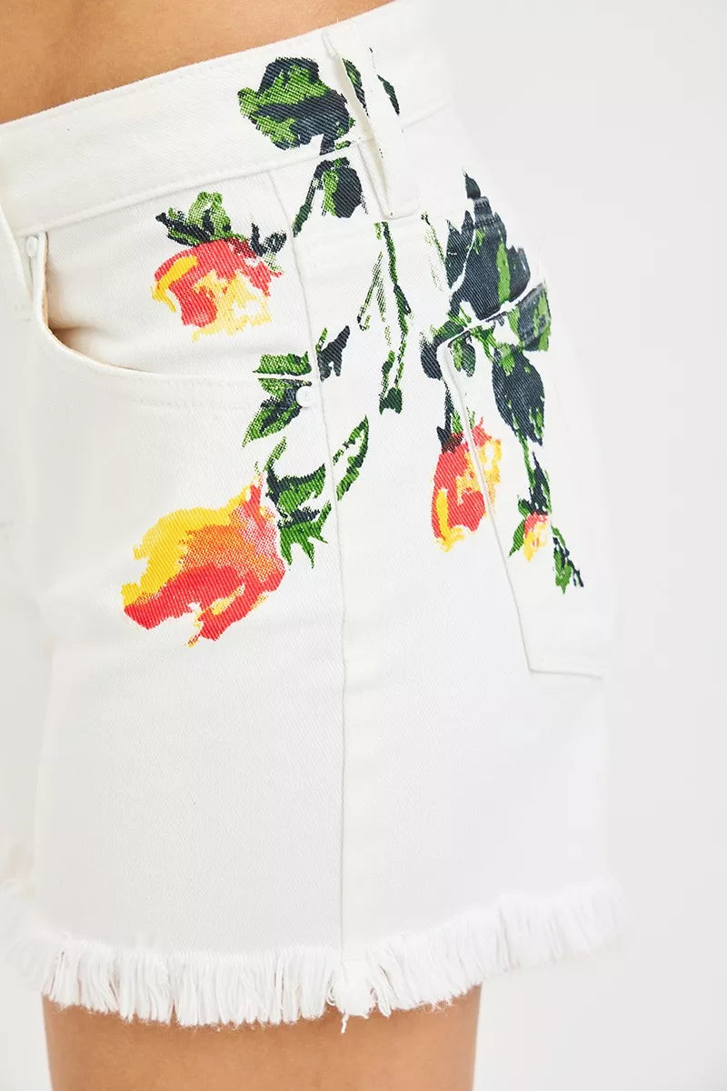 RISEN Tummy Control White High Rise Flower Printed Shorts
