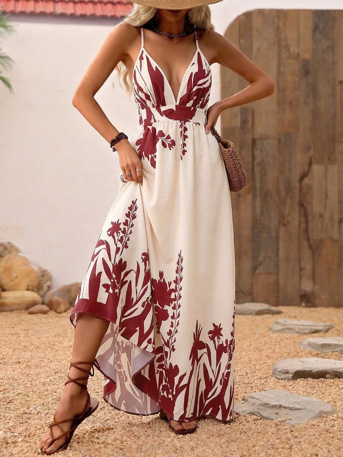 Deep V Neck Spaghetti Strap Maxi Dress
