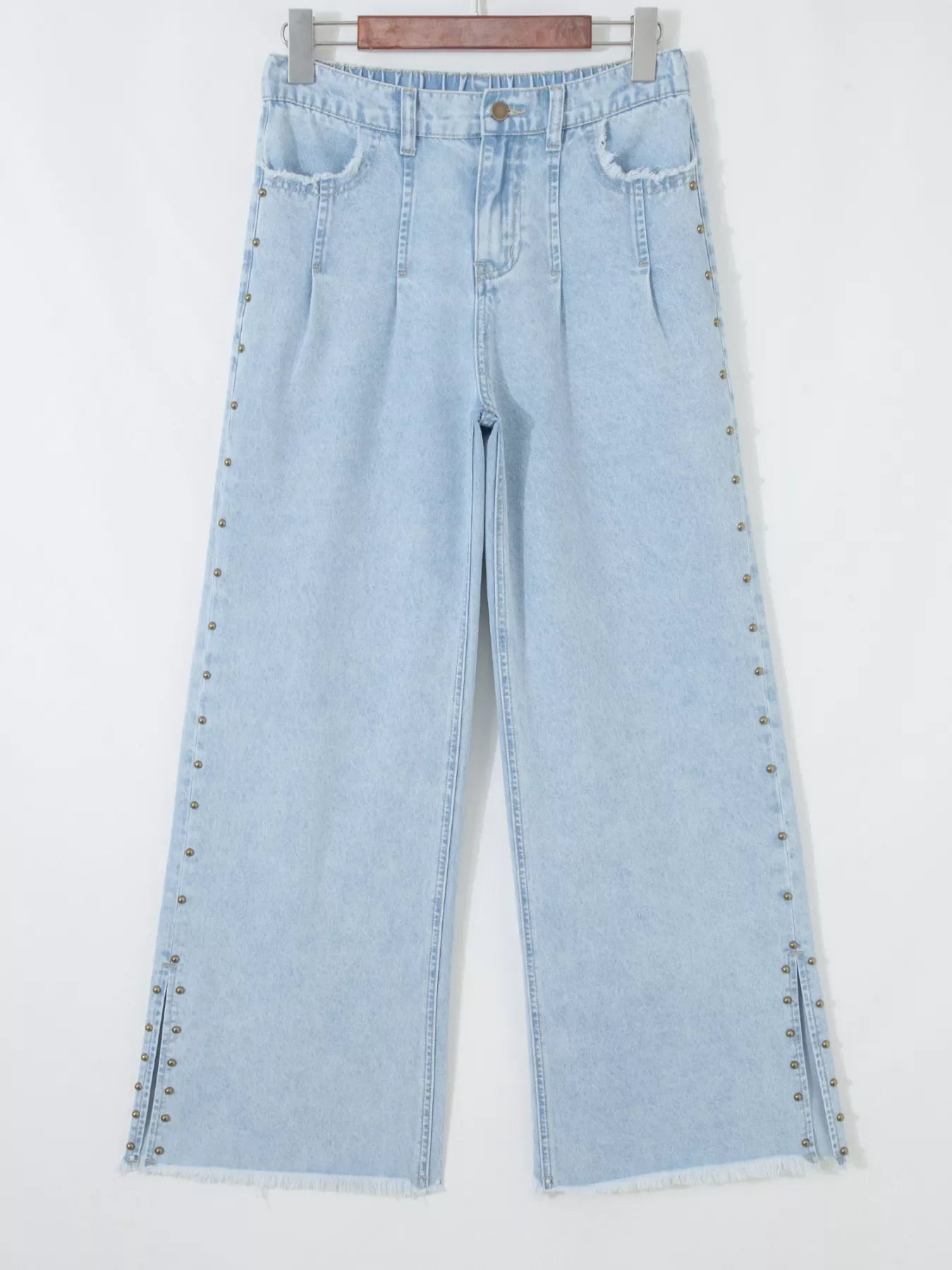 Studded Side Slit Leg Pocketed Frayed Wide Leg Jeans