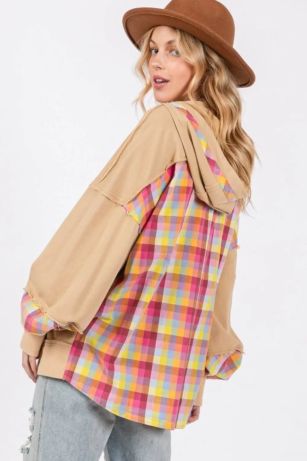 Jackets Trendsi SAGE+FIG Plaid Hoodie Women's Casual Comfy Washed Pullover