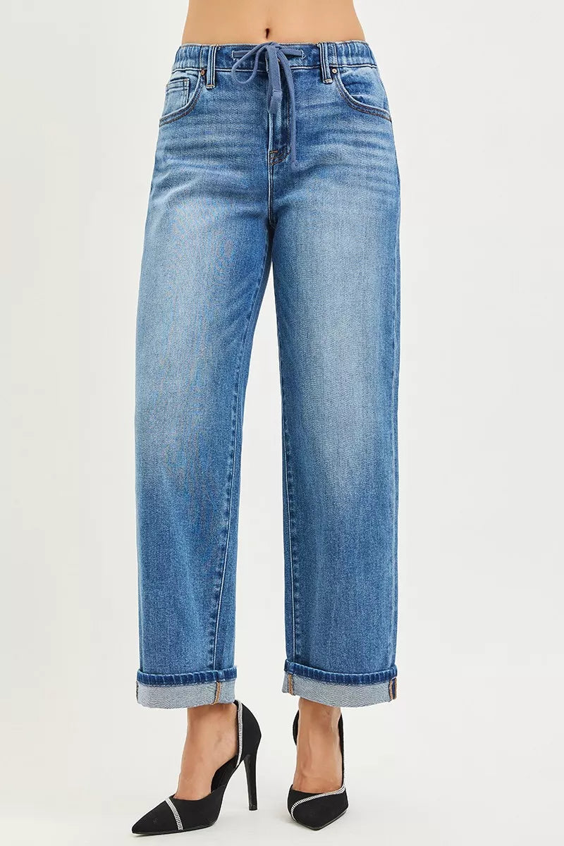 RISEN Jeans - Elastic Waist Slouchy Boyfriend Ankle Jeans with Cuffed Hem