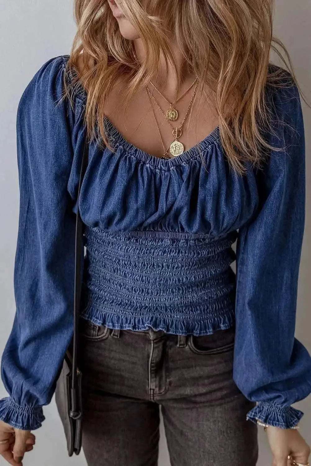 Trendsi Smocked Denim Top Long Sleeve Cotton Blend — Women's Casual